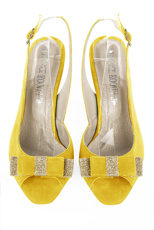 Yellow women's slingback sandals. Round toe. High slim heel. Top view - Florence KOOIJMAN